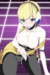  bad_id bad_pixiv_id blonde_hair blue_eyes blush breasts choker collarbone cum cum_in_mouth cum_on_body cum_on_breasts cum_on_tongue cum_on_upper_body cumdrip cupping_hand gym_leader headphones high_heels kamitsure_(pokemon) large_breasts neon_lights nipples pantyhose pokemon pokemon_(game) pokemon_bw shoes short_hair solo strap_slip tongue toru_k 