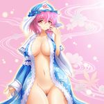  bad_id bad_pixiv_id banned_artist breasts hat japanese_clothes large_breasts navel open_clothes open_robe pink_eyes pink_hair pussy robe saigyouji_yuyuko shin'en_(gyokuro_company) short_hair solo thigh_gap touhou uncensored wide_hips 