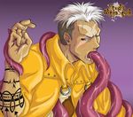  1boy blush dark_skin forced fullmetal_alchemist grey_hair jacket lowres male male_focus multicolored_hair oral red_eyes restrained saliva scar scar_(fma) scar_(fullmetal_alchemist) sweat tattoo tentacle tentacles_on_male two-tone_hair white_hair yaoi 