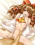  ascot bad_id bad_pixiv_id blush bottomless bow breasts brown_hair censored detached_sleeves hair_bow hakurei_reimu navel nipples no_bra penis pussy red_eyes sex shirt_lift short_hair small_breasts solo_focus spread_legs takumo_(neta) touhou vaginal 