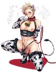  animal_ears animal_print axis_powers_hetalia bell bell_collar blue_eyes bulge collar cow_bell cow_boy cow_ears cow_print cow_tail crossdressing denmark_(hetalia) erection full_body gloves heart high_heels judy_(artist) leash male_focus muscle nipples panties penis penis_peek shoes solo tail underwear 