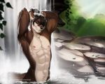  2019 abs anthro aomori black_nose brown_eyes brown_fur brown_hair day detailed_background fur hair lutrine male mammal mustelid outside partially_submerged smile solo standing water waterfall 