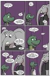  alligator alligatorid angie_(study_partners) anthro breasts clothed clothing comic crocodilian dialogue duo elephant elephantid english_text female green_scales grey_skin hi_res male mammal proboscidean ragdoll_(study_partners) reptile scales scalie study_partners teenager text thunderouserections young 