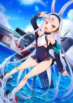  1girl animal_ears azur_lane breasts bunny_ears cloud cocoablue23 collarbone commentary_request dutch_angle full_body highres long_hair looking_at_viewer ocean open_mouth ribbon rigging salute shimakaze_(azur_lane) silver_hair sky small_breasts solo torpedo_tubes water yellow_eyes 