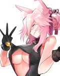  1girl absurdres animal_ear_fluff animal_ears bangs bare_shoulders bell black_dress black_gloves blush breasts center_opening china_dress chinese_clothes dress fate/grand_order fate_(series) fox_ears fox_girl glasses gloves grin hair_between_eyes highres jingle_bell koyanskaya large_breasts long_hair looking_at_viewer pink_hair saru_(pixiv13751598) sidelocks smile solo tassel tied_hair underboob white_background yellow_eyes 