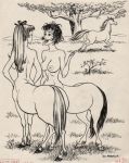  ambiguous_gender breasts centaur edward_merhulik equid equid_taur equine female feral grass horse mammal mammal_taur monochrome nipples nude taur tongue tongue_out tree 