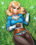  2019 blonde_hair bottomwear breath_of_the_wild clothed clothing digital_media_(artwork) eyelashes female fingerless_gloves flower fully_clothed gloves grass hair handwear humanoid humanoid_pointy_ears hylian looking_at_viewer lying nintendo not_furry on_back pants plant princess_zelda racoon-kun smile solo the_legend_of_zelda url video_games 