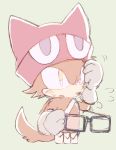  anthro belt bodily_fluids canid canine canis clothing custom_character_(sonic_forces) eyewear fur glasses gloves green_background handwear hat headgear headwear male mammal pink_clothing pink_hat pink_headwear puyo_puyo red_fur sikai simple_background solo sonic_(series) sonic_forces sweat sweatdrop wolf yellow_eyes 