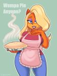  2019 5_fingers absurd_res activision anthro apron bandicoot big_breasts black_nose blonde_hair blue_eyes bottomwear breasts clothed clothing crash_bandicoot_(series) dialogue english_text eyeshadow female fingers food fully_clothed green_background hair half-closed_eyes hi_res jeans lipstick long_hair makeup mammal marsupial omegasunburst pants pie question shirt simple_background smile solo t-shirt tawna_bandicoot text topwear video_games 