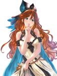  1girl absurdres armband blue_cape blue_eyes breasts cape cleavage cleavage_cutout dress dress_lift eyebrows eyebrows_visible_through_hair finger_to_mouth frills granblue_fantasy hair_ribbon headband highres lips long_hair looking_down medium_breasts older orange_hair ribbon sara_(granblue_fantasy) sassakntm solo wavy_hair 