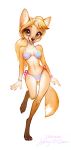  anthro bikini blonde_hair blue_eyes breasts canid canine clothing coonkun female fox hair kelseyfox looking_at_viewer mammal simple_background smile solo standing swimwear white_background 