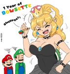  2019 alternate_species blonde_hair bowser bowsette_meme breasts cleavage clothed clothing crossgender crown digital_media_(artwork) ear_piercing english_text eyes_closed facial_hair female group hair hat headgear headwear hi_res holding_object horn human humanoid humanoid_pointy_ears humanoidized joaoppereiraus luigi male mammal mario mario_bros mustache nintendo open_mouth overalls piercing simple_background super_crown teeth text video_games white_background 