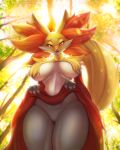  big_breasts breasts delphox featureless_crotch hi_res huge_breasts kyodashiro looking_at_viewer navel nintendo open_mouth outside pok&eacute;mon pok&eacute;mon_(species) presenting red_eyes solo standing thick_thighs under_boob video_games 