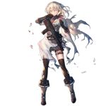  1girl armband assault_rifle bangs black_gloves black_legwear blonde_hair blood blood_on_face blush boots breasts brown_jacket brown_skirt bullpup cape choker copyright_name damaged eyebrows_visible_through_hair floating_hair flower full_body girls_frontline gloves gun hair_between_eyes hair_flower hair_ornament hairband heiwari_kanade hexagram holding holding_flower injury iwi_tavor jacket load_bearing_equipment long_hair looking_at_viewer medium_breasts official_art parted_lips petals pleated_skirt red_flower rifle rose sidelocks skirt solo standing star_of_david thigh_strap thighhighs torn_clothes transparent_background weapon white_flower white_rose wind wiping_face x95_(girls_frontline) yellow_eyes 