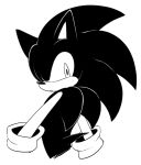  anthro black_and_white clothing eulipotyphlan gloves half-length_portrait handwear hedgehog looking_back male mammal monochrome portrait sikai simple_background solo sonic_(series) sonic_the_hedgehog white_background 