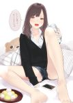 1girl :d ama_mitsuki ass bangs barefoot beer_can brown_eyes brown_hair can cellphone food long_hair looking_at_viewer open_mouth original phone pillow shorts sitting sleeves_past_wrists smartphone smile solo spread_legs stuffed_animal stuffed_toy teddy_bear teeth translation_request 