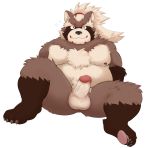  2019 anthro balls belly brown_fur butt canid canine dasoowolf erection fur goemon_(tas) hi_res humanoid_penis male mammal moobs nipples overweight overweight_male penis raccoon_dog simple_background sitting solo tanuki tokyo_afterschool_summoners video_games white_background 