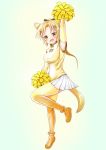  1girl anima_yell! arm_up blonde_hair blush breasts cheerleader commentary_request cosplay eyebrows_visible_through_hair full_body golden_snub-nosed_monkey_(kemono_friends) golden_snub-nosed_monkey_(kemono_friends)_(cosplay) head_tilt highres kemono_friends leg_up leglet long_hair medium_breasts monkey_tail orange_footwear pleated_skirt pom_poms ponytail sawatari_uki shirt skirt sleeveless sleeveless_shirt solo tail utopia_(fantomubureibum2) white_skirt yellow_eyes yellow_legwear yellow_shirt 