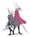  1boy 1girl absurdres cloak full_body height_difference highres hollow_knight hornet_(hollow_knight) horns humanization knight_(hollow_knight) limited_palette needle thread torn_cloak torn_clothes user_wydx8283 white_background white_hair 