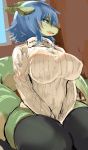  anthro big_breasts blue_eyes blue_hair blush bodily_fluids breasts clothed clothing female green_skin hair hi_res horn kemono legwear nervous nipple_outline nukochi open_mouth scalie solo sweat teeth thigh_highs tongue turtle_neck 