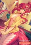  1girl artist_name bathroom blush breasts bucket collarbone commentary embarrassed english_commentary eyebrows_visible_through_hair hair_between_eyes hair_ornament hairclip highres holding holding_bucket indoors jacket lamia large_breasts long_hair looking_at_viewer miia_(monster_musume) monster_girl monster_musume_no_iru_nichijou navel open_clothes open_mouth panties patreon_username pointy_ears ponytail red_hair scales solo stomach tail towel trembling underwear water watermark wavy_mouth web_address wet wet_clothes xong yellow_eyes yellow_jacket 