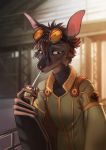  2019 anthro brown_hair chiropteran clothed clothing detailed_background digital_media_(artwork) eyewear goggles hair hi_res male mammal membrane_(anatomy) membranous_wings orphen-sirius red_eyes solo wings 