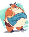  anthro antlers belly belly_overhang big_belly blush brown_fur cervid clothed clothing fur ginnosuke hi_res hooves horn male mammal moobs navel obese obese_male overweight overweight_male partially_clothed ray_the_buck solo standing thick_thighs white_fur 