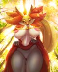  areola big_breasts breasts delphox hi_res inverted_nipples kyodashiro looking_at_viewer nintendo nipples open_mouth outside pok&eacute;mon pok&eacute;mon_(species) presenting pussy red_eyes solo standing thick_thighs video_games 