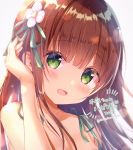 1girl 2019 :d amedamacon bangs bare_arms bare_shoulders blush breasts brown_hair cleavage collarbone commentary_request eyebrows_visible_through_hair flower gochuumon_wa_usagi_desu_ka? green_eyes green_ribbon grey_background hair_flower hair_ornament hair_ribbon hand_up head_tilt heart long_hair looking_at_viewer open_mouth pink_flower ribbon simple_background smile solo translation_request twitter_username ujimatsu_chiya upper_body 
