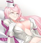  1girl bangs blush breasts center_opening cleavage earrings fate/grand_order fate_(series) garrison_cap glasses gloves grin hat highres jacket jewelry koyanskaya large_breasts long_hair looking_at_viewer lying navel on_back pink_hair saru_(pixiv13751598) smile solo swept_bangs white_background white_gloves white_headwear white_jacket yellow_eyes 