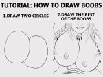  1girl breasts cleavage close-up devilhs english_text head_out_of_frame how_to how_to_draw_an_owl large_breasts lineart monochrome nipples no_bra original parody solo 