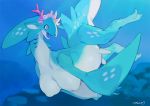 aquatic_dragon bebebebebe big_breasts blue_eyes breasts dragon fangs female feral fin full-length_portrait gills marine nipples open_mouth portrait signature solo swimming tongue underwater water 