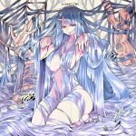  1girl bangs blue_eyes blue_hair bone breasts fingernails hair_in_mouth horn kafun long_hair looking_at_viewer navel nude original ribs seiza sharp_fingernails sitting solo very_long_hair 