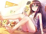  &gt;:) 1girl alcohol arm_at_side armpit_peek bare_arms bare_legs barefoot bed bedroom beer beer_can blurry blurry_background blush breasts brown_hair can closed_mouth collarbone dot_nose dutch_angle eyebrows_visible_through_hair eyelashes green_eyes hair_between_eyes hair_ornament hairclip highres himekawa_yuki holding holding_can idolmaster idolmaster_cinderella_girls indoors knees_up light_particles long_hair looking_at_viewer medium_breasts on_bed orange_panties panties pennant photo_(object) poster_(object) sitting sitting_on_bed smile solo stuffed_animal stuffed_cat stuffed_toy tank_top underwear white_tank_top z.nov 