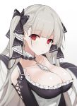  1girl absurdly_long_hair azur_lane between_breasts breasts choker cleavage collarbone commentary_request corset earrings formidable_(azur_lane) frills hair_ribbon highres jewelry large_breasts long_hair meow_nyang necktie necktie_between_breasts platinum_blonde_hair pout red_eyes ribbon solo twintails two-tone_dress two-tone_ribbon upper_body very_long_hair white_background 