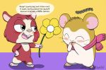  2019 blush caluriri cricetid crossover eyes_closed female feral flower fur green_eyes hair hamster hamtaro_(series) littlest_pet_shop_a_world_of_our_own male mammal open_mouth pashmina plant red_fur rodent scarf trip_hamston young 