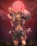  1boy arrow axe belt blonde_hair blue_eyes commentary_request hair_between_eyes hat highres holding holding_axe link long_hair looking_at_viewer male_focus moon navel pointy_ears red_moon shorts skirt skull smile solo tagme tattoo the_legend_of_zelda the_legend_of_zelda:_breath_of_the_wild weapon yutsuyutsu 
