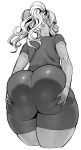  1girl ass ass_grab commentary_request dark_elf dark_skin deep_skin elf elf-san_wa_yaserarenai. from_behind grabbing_own_ass highres huge_ass kuroeda-san looking_at_viewer looking_back monochrome parted_lips pointy_ears simple_background solo sweat synecdoche thick_thighs thighs twintails white_background 