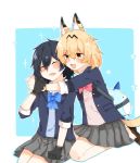  2girls :3 alternate_costume animal_ear_fluff animal_ears bare_legs black_gloves blonde_hair blue_neckwear blue_sweater blush bow bowtie closed_eyes commentary_request extra_ears eyebrows_visible_through_hair fang gloves grey_skirt highres hug jacket kaban_(kemono_friends) kemono_friends loafers lucky_beast_(kemono_friends) luki1192759520 multiple_girls navy_blue_jacket no_hat no_headwear open_mouth pink_sweater pleated_skirt red_neckwear school_uniform serval_(kemono_friends) serval_ears serval_tail shoes short_hair short_sleeves sitting skirt sweater tail yellow_eyes 