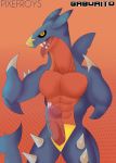  2019 absurd_res anthro biceps digital_media_(artwork) dragon erection garchomp hi_res male mammal muscular muscular_male nintendo nude open_mouth pecs penis pixefroys pok&eacute;mon pok&eacute;mon_(species) scalie simple_background smile video_games 