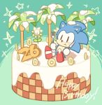  anthro birthday black_eyes blue_fur cake clothing cutlery eating english_text eulipotyphlan flower food footwear fork fur gloves green_background handwear hedgehog holding_object kitchen_utensils knife male mammal plant shoes sikai simple_background sitting solo sonic_(series) sonic_the_hedgehog sparkles sunflower text tools tree 