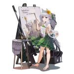  1girl alternate_costume animal_ears anti-materiel_rifle bangs blush braid breasts canvas_(object) choker closed_mouth dress easel flower full_body girls_frontline green_dress green_eyes green_hairband green_ribbon grey_hair gun hair_between_eyes hair_flower hair_ornament hair_over_shoulder hair_ribbon hairband holding holding_paintbrush ksvk_(girls_frontline) ksvk_12.7 long_hair looking_at_viewer official_art paintbrush painting painting_(object) palette pandea_work ponytail ribbon rifle sandals smile sniper_rifle solo standing sunflower table transparent_background very_long_hair weapon younger 