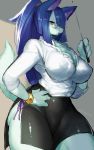  2018 4_fingers absurd_res anthro big_breasts blue_hair bottomwear bracelet breasts butt cleavage clothed clothing eyewear felid female fingers fur glasses green_fur hair hand_on_hip hi_res jewelry kemono ksyaro long_hair looking_at_viewer low-angle_view mammal mature_female nipple_outline open_mouth ponytail portrait shirt simple_background skirt snout solo standing teacher thick_thighs three-quarter_portrait topwear voluptuous wide_hips yellow_eyes 