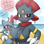  1:1 alternate_version_at_source anthro beach big_breasts bikini blush bodily_fluids breasts claws clothing dialogue duo ear_piercing english_text evolutionary_family female hair huge_breasts looking_at_viewer mammal navel nintendo nipple_outline open_mouth outside piercing pok&eacute;mon pok&eacute;mon_(species) red_eyes rivvoncat sand seaside sneasel sweat swimwear text video_games water weavile 