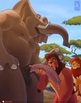  2019 anthro anthrofied being_watched bodily_fluids chicobo detailed_background disney elephant elephantid felid feline genital_fluids imminent_sex kovu lion looking_at_another male male/male mammal nude pantherine penis precum proboscidean simba size_difference the_lion_king 