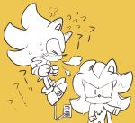  anthro blush bodily_fluids breath clothing duo eulipotyphlan eyes_closed footwear gloves handwear hedgehog japanese_text male mammal shadow_the_hedgehog shoes sikai simple_background sneezing sonic_(series) sonic_the_hedgehog sweat text yellow_background 