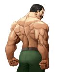  1boy ass back belt black_eyes black_hair clenched_hand cowboy_shot facial_hair final_fight green_pants highres looking_back male_focus mike_haggar muscle mustache old_man pants shirtless simple_background solo taka_(takahirokun) white_background 