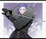  1boy alternate_costume armor fire_emblem fire_emblem:_three_houses flower fur_trim gloves highres japanese_armor katana long_hair lorenz_hellman_gloucester open_mouth petals purple_eyes purple_hair solo sword upper_body weapon white_background yuyu_0519 