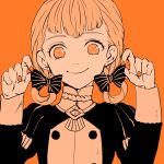  1girl annette_fantine_dominique bow closed_mouth fire_emblem fire_emblem:_three_houses food fruit garreg_mach_monastery_uniform hair_bow highres long_sleeves monochrome orange_background orange_theme reo000222 simple_background smile solo twintails uniform upper_body 