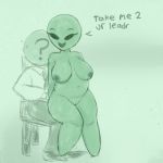  1:1 ?_face alien anon bodily_fluids breasts chair drabbella duo female hi_res humanoid male male/female not_furry on_lap pussy roswell_grey short_stack simple_background sitting sitting_on_lap sweat teasing text thick_thighs 